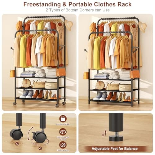 Furologee Clothes Racks for Hanging Clothes, Portable Rolling Garment Rack, Sturdy Metal Freestanding Cloths Racks with Wheels, Double Rods Wardrobe Rack for Bedroom Laundry Living Room 7