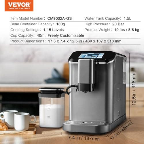 VEVOR Fully Automatic Espresso Machine - with Automatic Milk Frother, 20 Bar Super-Automatic Cappuccino Latte Machine with TFT Touch Screen, Grinder, 15 Grinding Levels, and Removable Milk Reservoir 7
