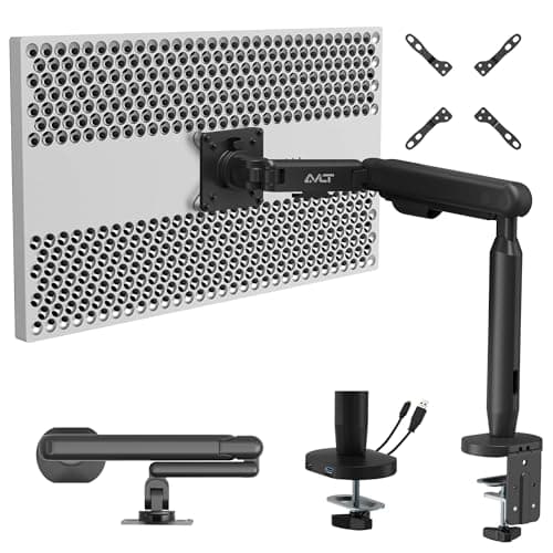 AVLT Single 17"-40" Ultrawide 3-Segment Easel Monitor Arm for Screens Up to 24.3 lbs, Aluminum Designer Stand, Adjustable Pneumatic Height, Full Motion Swivel Tilt Rotation, USB-C USB-A Ports, Black