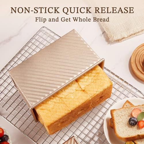 KITESSENSU Pullman Loaf Pan with Lid, 1 lb Dough Capacity Non-Stick Bakeware for Baking Bread, Carbon Steel Corrugated Bread Toast Box Mold with Cover for Baking Bread, Gold 6