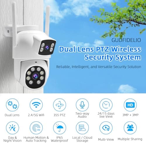 GUDFIDELIO Dual-Lens Wireless Security Camera Outdoor, 2K HD 6MP View, Indoor WiFi Connection, Smart Night Vision, Ai Motion Detection and Tracking, Light and Siren Alarm, 64G SD Card (Included) 6
