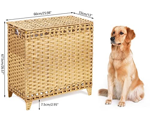 Laundry Hamper with 3 Removable Liner Bags; 132L Handwoven Rattan Laundry Basket with Lid & Heightened Feet; Clothes Hamper with Side Handles; Laundry Sorter with 3 Separate Sections (Natural) 7