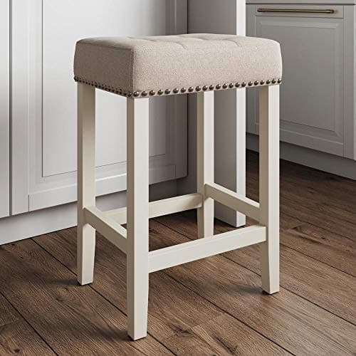 Nathan James Hylie Nailhead Wood Pub-Height Kitchen Counter Bar Stool 24", Natural Flax/White