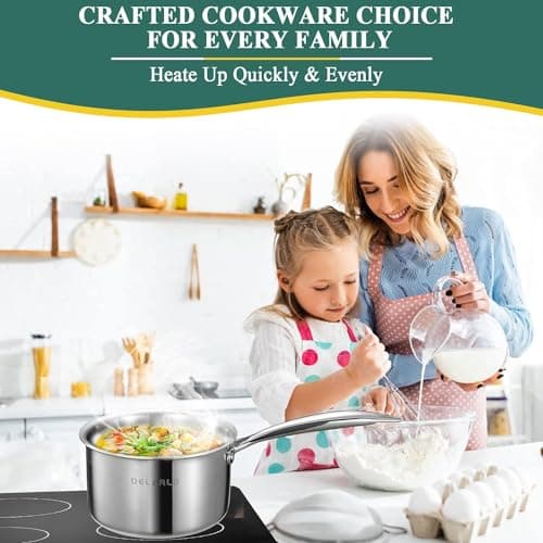 DELARLO Stainless Steel Small Brushed Saucepan With Lid, Induction Cooking Sauce Pot Pan, Full-body Clad Tri-Ply Heavy Duty Saucier Cookware, Dishwasher Safe & Oven Safe(2 Quart) 8