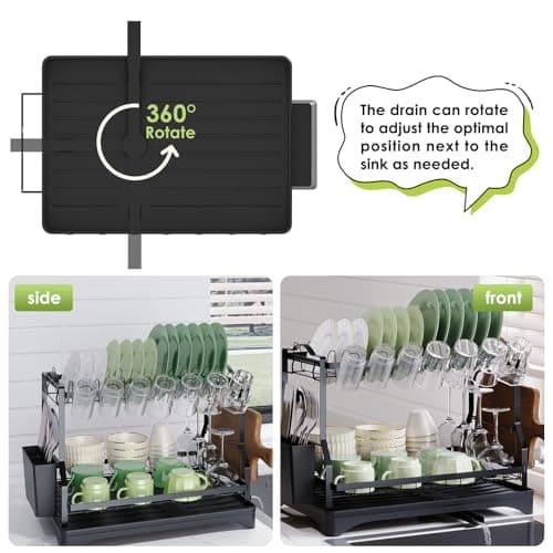 Dish Drying Rack, Dish Rack 2 Tiers for Kitchen Counter, Space-Saving Large Dish Rack with Drain Kitchen Organizer and Storage Rack with Drainboard, Screw-Free Mounting (Black) 5