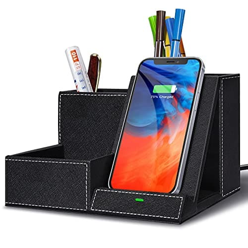 TopMade Wireless Charger with Desk Nightstand Organizer, PU Leather Pen Pencil Holder Fast Charging Station, Office Supplies for Iphone Charging Stand, Anniversary Birthday Gifts for Men(Black)