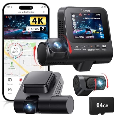 Jzones 4K 3-Channel Dash Cam Front and Rear with Cabin, STARVIS 2 Sensor, Dash Camera for Cars with WiFi 6, G-Sensor, Loop Recording, Night Vision, 24H Parking Mode, 64GB Card Included