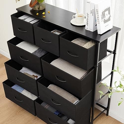 DUMOS Dresser for Bedroom, Storage Organizer with 9 Drawers, Chest of Drawers with Fabric Bins, Sturdy Metal Frame, Wood Tabletop for Guest Room, Closet, Entryway, Black 8