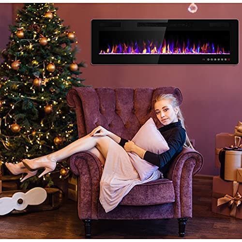 Electactic 60 Inch Electric Fireplace Insert Ultra-Thin - Recessed & Wall-Mounted Fireplace Heater with Thermostat, Adjustable Flame, Remote Control - Linear with Timer, Touch Screen, 750/1500W 7