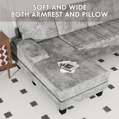 YESHOMY Convertible Sectional Sofa U-Shaped Couch with Soft Modern Cotton Chenille Fabric for Living Room, Oversized Seats with Comfortable Backrest, Gray 8