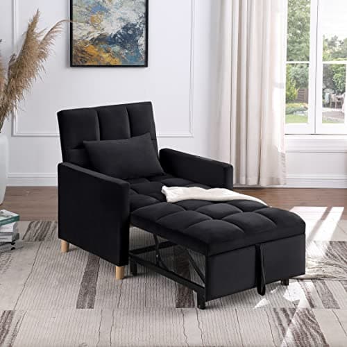 Otnqu Convertible Single Sofa Bed with Pillow, Pull Out Sleeper Bed with Adjustable Backrest, Multi-Function Lounge Chair for Living Room (Black)