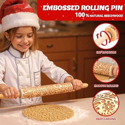 Christmas Gifts Wooden Embossed Rolling Pin for Baking, Stocking Stuffers Gifts for Women, Deep Engraved Embossing Rolling Pins with Snow Pattern Designs for Baking Cookies Stamps Roller DIY Tools 6