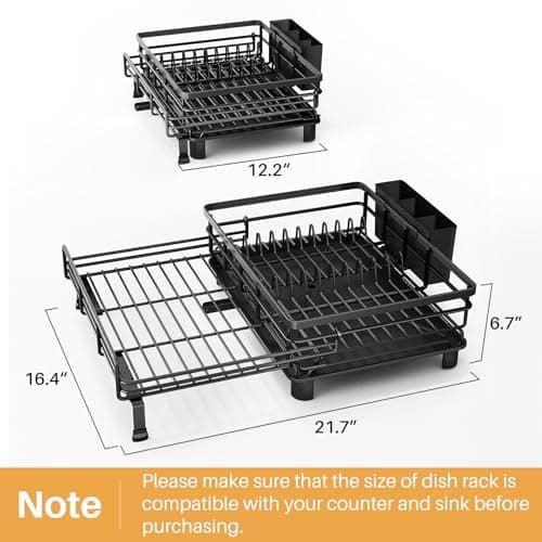 SNTD Dish Drying Rack - Extendable Dish Rack, Large Sink Drying Dish Drainer for Kitchen Counter, Stainless Steel Dish Strainer with Utensil Holder (Black) 6