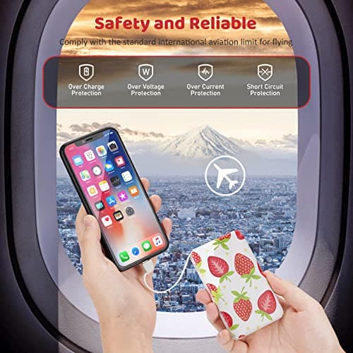 Sethruki Portable Charger 5000mAh Cute Ultra Slim USB C Power Bank for Girls Mini Fast Charging Small Battery Pack with Built in Cables for iPhone iPad Samsung Pixel Android Phones,Strawberry 7
