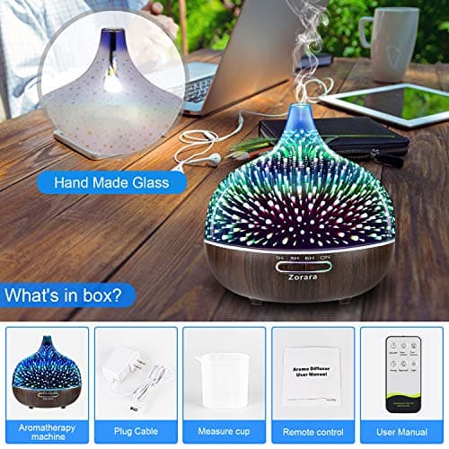 Essential Oil Diffuser 550ml Cool Mist Humidifier 3D Glass Ultrasonic Aromatherapy Humidifier with 7 Color Changing Led Lights, Waterless Auto Shut-Off, Adjustable Timer for Home Bedroom Office 8