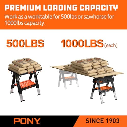 Pony Portable Folding Work Table, 2-in-1 as Sawhorse & Workbench, 31” W×25” D×25”-35”H, Large Load Capacity with 4pcs Clamps, 4pcs Bench Dogs 5
