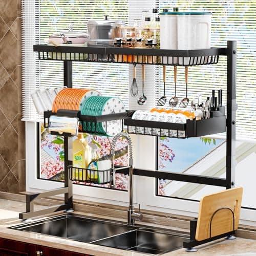 adoymiro 3-Tier Over Sink Dish Draining Rack, Adjustable Width and Height, with Phone Holder, Cup Holder, Knife and Chopstick Holder, Cutting Board Rack, Space-Saving Rack 9