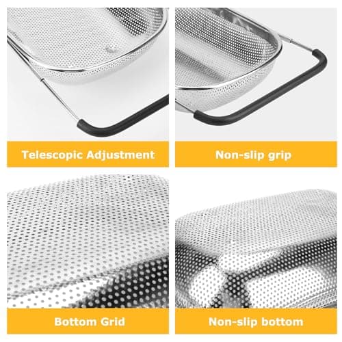 ZDRongZhen Kitchen Accessories Over the Sink Colander Strainer Basket，Stainless Steel Colander with Expandable Rubber Grip Sink Drainer-Rinse Vegetables Fruits &Strain&Drain (Large-Dense round hole) 6