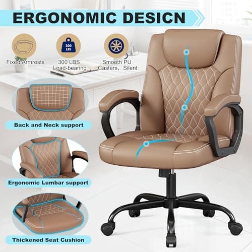 Misolant Office Chair, Executive Desk Chair, PU Leather Comfortable Ergonomic Chairs with Fixed Armrest, Adjustable Height, Rocking Function, 360° Swivel Wheels, Brown 5