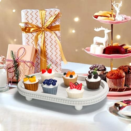 SYNCVIBE Wooden Decorative Tray for Home Decor, Beaded White Oval Tray Decor for Coffee Table, Rustic Wood Serving Trays Farmhouse Centerpieces for Living Room Kitchen Counter (White Oval) 7