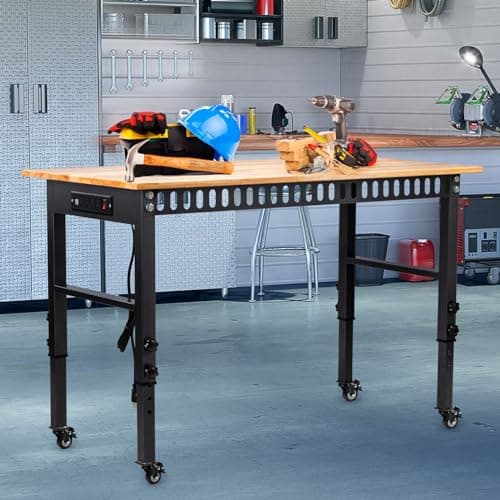 GVGBUK 48" Height Adjustable Workbench, 2000 LBS Load Capacity Rubber Wood Top Workstation, Heavy-Duty Hardwood Worktable for Garage Workshop (with Wheels and Socket,48'') 7