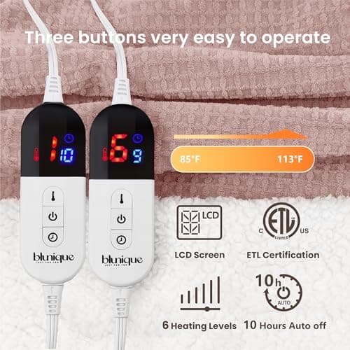 blunique Heated Blanket Electric Blanket Queen Waffle, 84x90 Inches Dual Controllers Sherpa Fleece Fast Heating Blanket 6 Heating Levels & 10 Hours Auto Off ETL Certification, Pink Queen 5