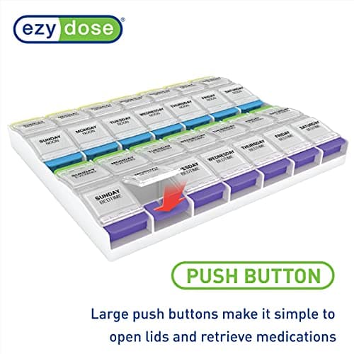 EZY DOSE Weekly (7-Day) Pill Organizer, Vitamin Container, and Daily Medicine Planner, 2X-Large Push Button Compartments, Arthritis Friendly, Easy to Use, 4 Times a Day, Clear Lids, BPA Free 5