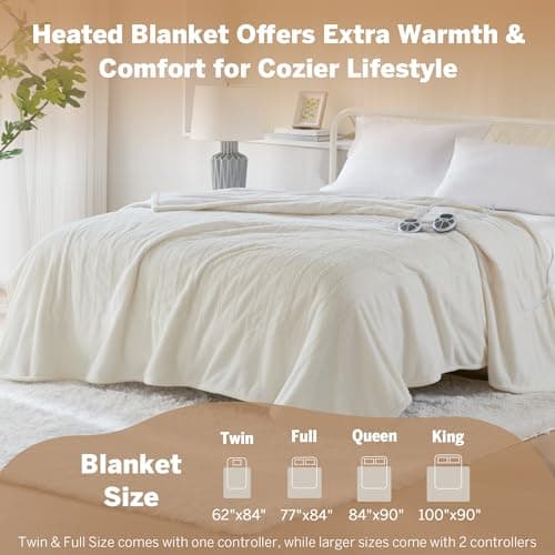 Serta Heated Blanket, Eletric King Size Blanket, Soft, Warm, Fuzzy Heating Blanket King for Office, Couch, 1-12 hr Auto Shut Off Timer, 10 Lv Heat Setting, ETL Certified, King 100" x 90" Ivory 9