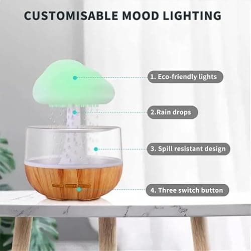 Rain Cloud Humidifier LED Diffuser Multicolor LED Light Home Aromatherapy Ultrasonic Wooden accent 300ml Water tank 6