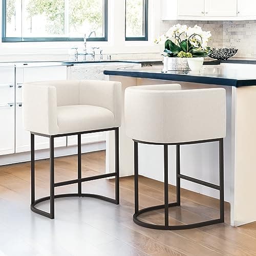LUE BONA 27" H Counter Height Bar Stools Set of 2, Modern Barrel Counter Stools with Backrest and Arms, Black Metal Frames, Linen Fabric Upholstered Accent Barstools for Kitchen Island, Beige