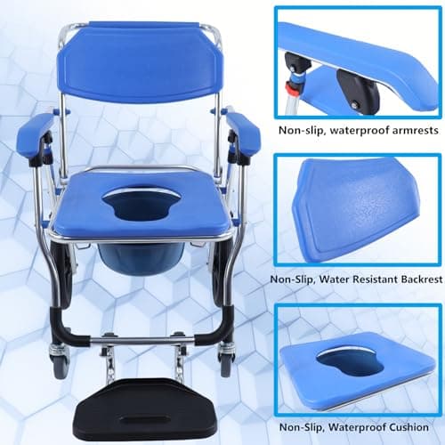 Folding Shower Commode Wheelchair - 300lbs Beside Commode Chair with Padded Seat, Waterproof Rolling Shower Chair with Armrests and Backrest, Shower Chair with Wheels for Small Shower 6