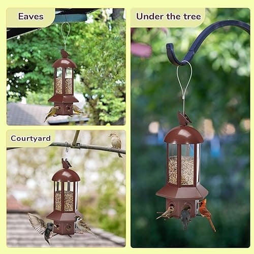 Professional Squirrel Proof Bird Feeders - Sorflife Large Capacity 5.06 lbs, Reliable and Rust Resistant Metal Bird Feeding Station for Prevents Squirrels from Stealing Food and Easy Refilling Brown 5