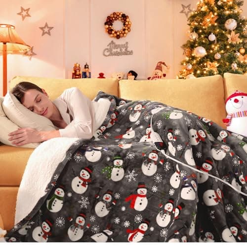 MAXEVE Christmas Heated Throw Blanket Electric Blanket Soft Cozy Heating Blanket for Couch Sofa Bed, 6 Heat Levels & 4-Hour Auto-Off, Machine Washable, FCC & ETL(50"x60", Gray Snowman)