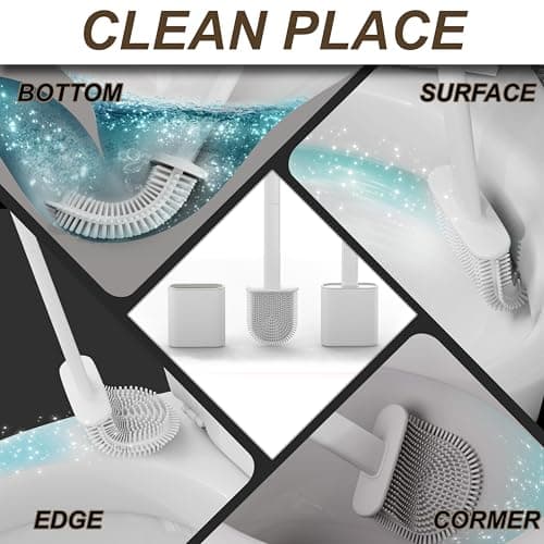 Silicone Toilet Brushes & Holders – Pack of 2 Long Non-Slip Handle, Flexible Bristles for Easy Cleaning – Modern Drip-Free Base, Durable White Bathroom Toilet Brush Set with Holder 6