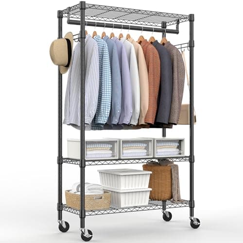 M MZG Heavy Duty Rolling Garment Rack 3 Tiers Adjustable Wire Shelving Clothes Rack with Rods and Side Hooks,Storage Closet Clothing Rack with Wheels Black 15.7" D x 29.5" W x 74.5" H