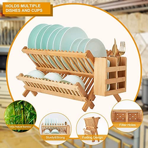 Worthyeah Bamboo Dish Drying Rack, 2 Tier Collapsible Dish Rack with Utensil Holder, Wooden Dish Drying Rack for Kitchen Counter, Large Folding Drying Holder, Dish Drainer 34 pcs Grid 7