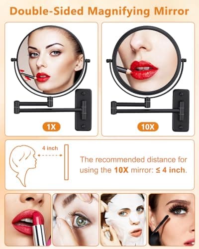 Wall Mounted Makeup Mirror - 1X/10X Magnifying Mirror for Wall, 8 Inch Double Sided 360° Swivel Extendable Bathroom Mirror for Shaving, Black 2