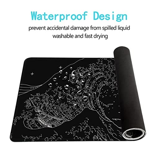 MEWOOCUE® Large Gaming Mouse Pad for Computer,Black Japanese Sea Wave Anime Mouse Mat,Long XXL Waterproof Keyboard Pads,Big Non-Slip Mouse Pads for Game Office Home（31.5 x 11.9 in） 5