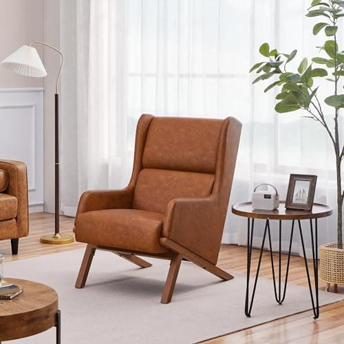 Yaheetech Brown Accent Chair, PU Leather Armchair High Wide Backrest, Oversized Recliner Chair Thick Seat Cushion for Office Reception Room Reading Nook, Brown