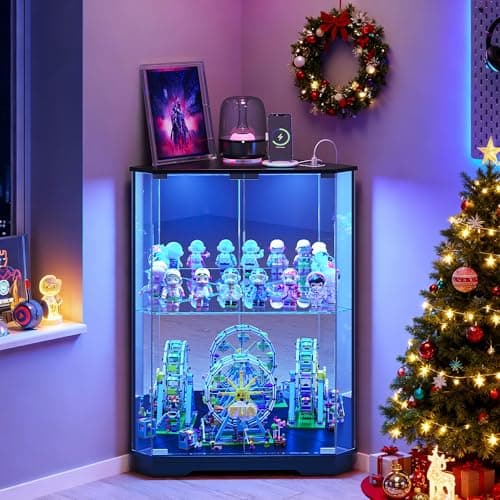 Dystler Corner Display Cabinet with Glass Doors, Small Display Case with 3-Color LED Lights and Charging Station, 2-Tier Curio Cabinet with Storage and Shelf, Black