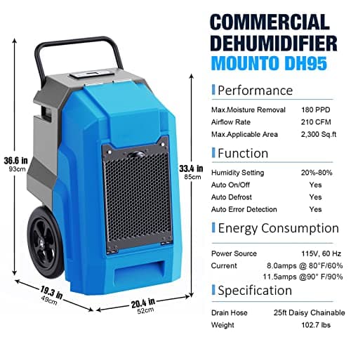 MOUNTO 180Pints Commercial Dehumidifier with Pump and Drain Hose, LGR Portable Dehumidifier with wheels for Home, Basements, Garages, and Job Sites. 4