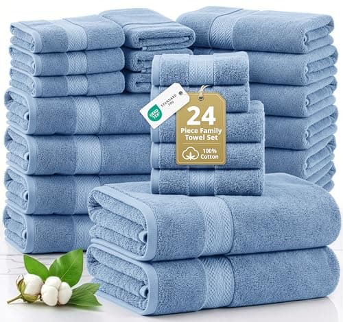Lane Linen Bath Towel Set - 24 Pcs - Made From 100% Ring Spun Cotton - Quick Dry, Soft & Absorbent - 2 Bath Sheet, 4 Fingertip, 4 Bath, 6 Hand Towels, 8 Washcloth - Multipurpose Towels - Cerulean Blue