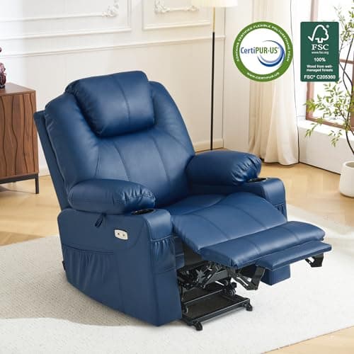 MCombo Electric Power Lift Recliner Chair Sofa with Massage and Heat for Elderly, 3 Positions, 2 Side Pockets, and Cup Holders, USB Ports, Faux Leather 7040 (Blue, Medium) 5