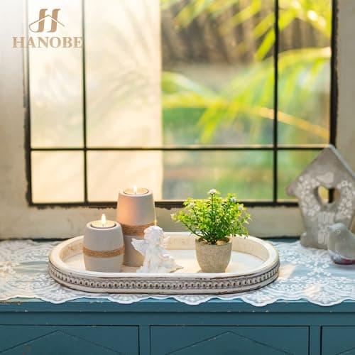 Hanobe Decorative Trays for Coffee Table : White Oval Centerpiece Tray Wood for Farmhouse Entry Table Decor Round Bathroom Tray for Living Room Kitchen Counter 8