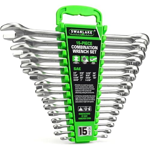 SWANLAKE 15-Piece SAE Wrench Set, V Notch Premium Combination Wrenchs Set, SAE 1/4" to 1-1/16", Max Torque, 12-Point, Chrome Vanadium Steel, with Storage Rack