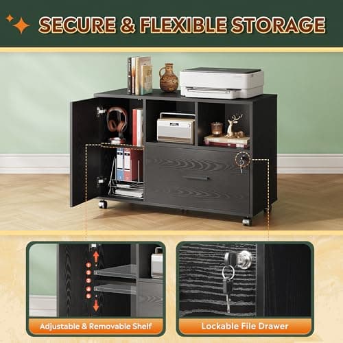 DEVAISE Office File Cabinet with Lock, 1-Drawer Wood Lateral Filing Cabinet on Wheels, Printer Stand with Open Storage Shelves for Home Office, Black 6