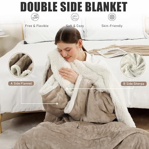 COZYTY Electric Snuggle Throw Blankets with Foot Pocket, Wearable Heated Throw with Sleeves & Hood, 6 Heat Levels & 1-4H Timer, Full Body Warmth, The Perfect Warming Gift for Women & Men, Camel 6