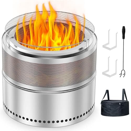 Smokeless Fire Pit for Outside 20 Inch, Portable Stainless Steel Smokeless Firepit Wood Burning with Grill Grate & Ash Pan, 360° Airflow Camping Fire Pits for RV, Patio & Garden, Carrying Bag Included