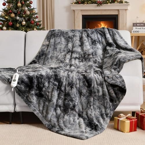 WOOMER Heated Blanket Throw 50" x 60", Electric Blanket Throw with 4 Heating Levels & 4H Auto Off, ETL Certified, Marble Grey Double-Sided Faux Fur, Over-Heat Protect, Machine Washable