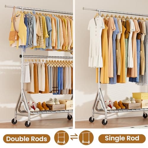 JIEJIERUI Heavy Duty Clothes Rack for Hanging Clothes, Double Rods Clothing Rack with Lockable Wheels, Rolling Garment Racks with Shelf, Easy to Assemble, Silver 3